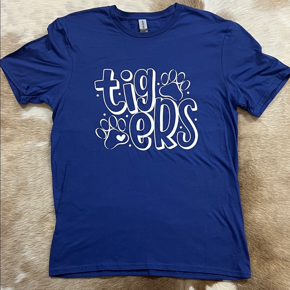 Gildan Blue Short Sleeve Tee with White 'Tigers' Print